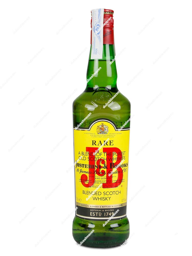 Botella de Whisky J&B Rare 0,70 L con su clásica etiqueta amarilla y letras rojas en botella verde - Dulcealmacen