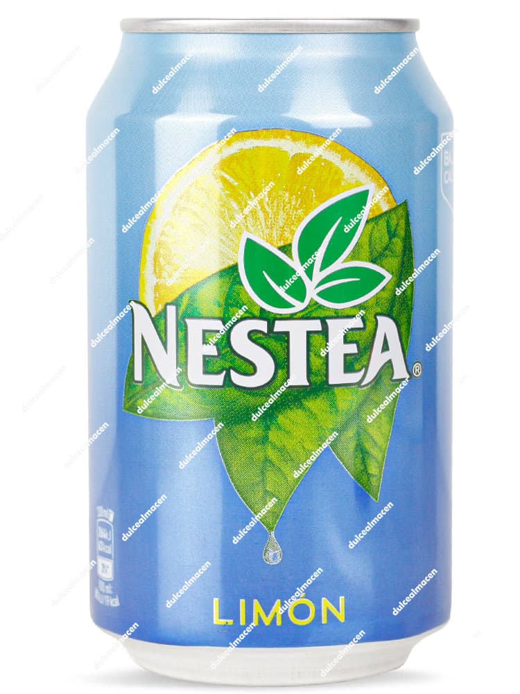 Lata de 33 cl de Nestea al Limón, diseño clásico azul y plateado con ilustración de rodaja de limón y hojas de té - Dulcealmacen