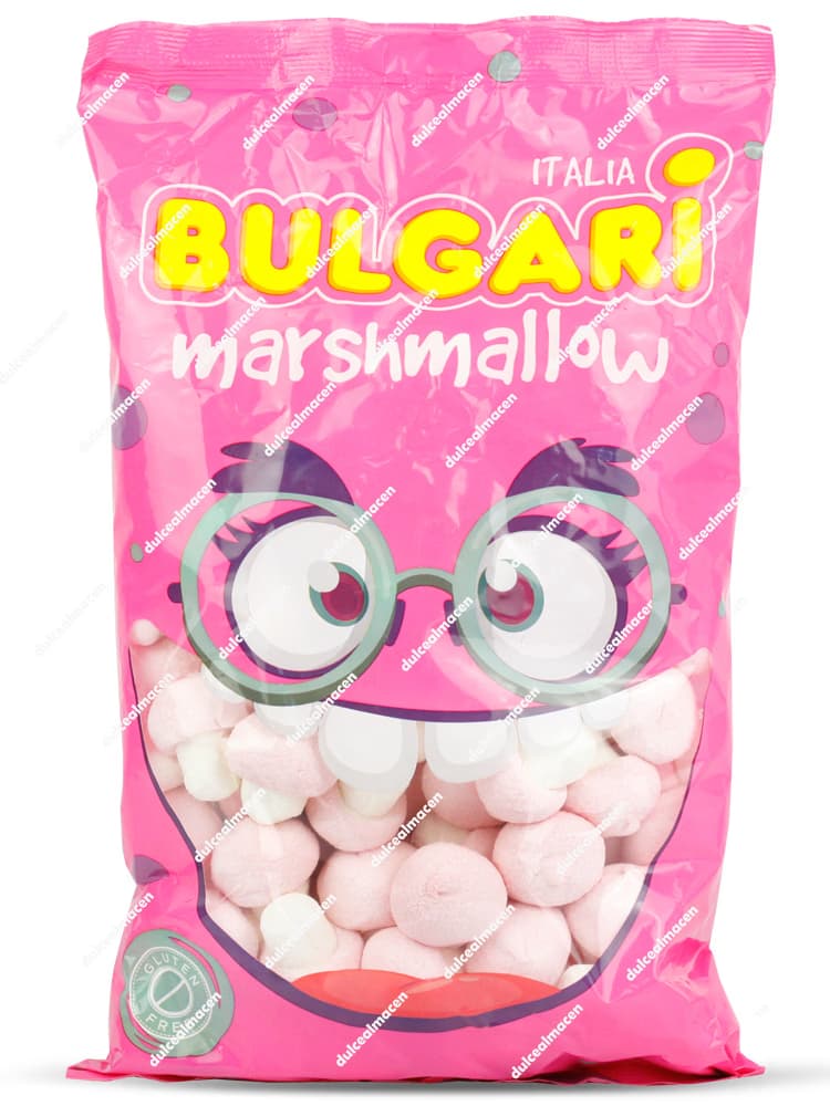 Bolsa de nubes Bulgari Marshmallow mostrando las setas bicolores rosas y blancas, con sellos de Sin Gluten, Sin Huevo y Sin Leche - Dulcealmacen