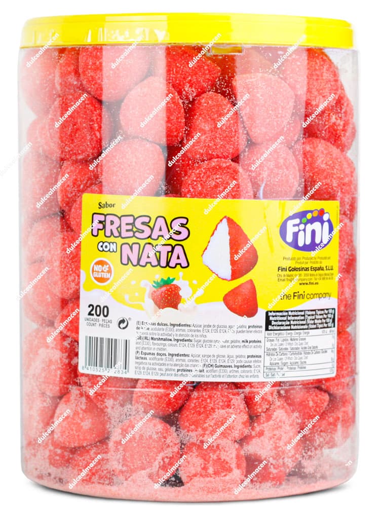 Bote transparente de Fini Fresas con Nata con tapa amarilla y pegatina promocional de +20 unidades gratis, mostrando gominolas rojas y blancas sin gluten - Dulcealmacen