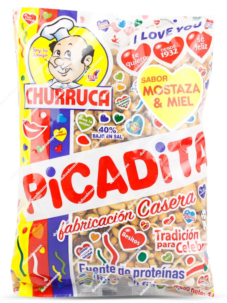 Bolsa de 1 kg de Churruca Picadita sabor Miel y Mostaza con sellos de sin huevo y sin leche, mostrando un variado mix de snacks crujientes - Dulcealmacen