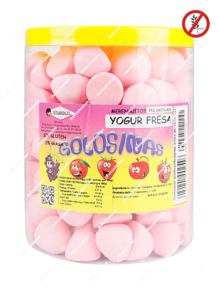 Bote transparente de Golmasa conteniendo Merenguitos de Yogur Fresa de color rosa pastel, con tapa amarilla y sellos de Sin Gluten y 0% Grasa - Dulcealmacen