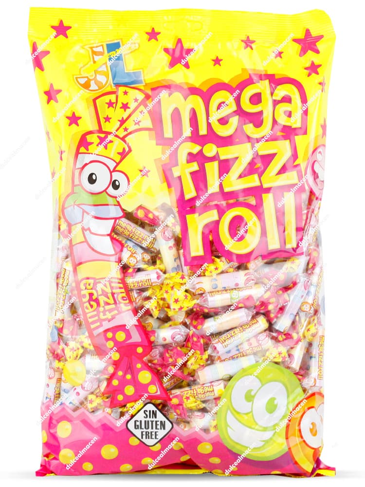 Bolsa amarilla de 200 unidades de caramelos Mega Fizz Roll de Juan López mostrando los sellos Sin Gluten y Sin Lactosa - Dulcealmacen