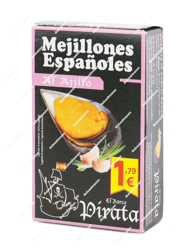 Caja de mejillones españoles al ajillo marca El Barco Pirata con precio destacado de 1,79 euros en Dulcealmacen
