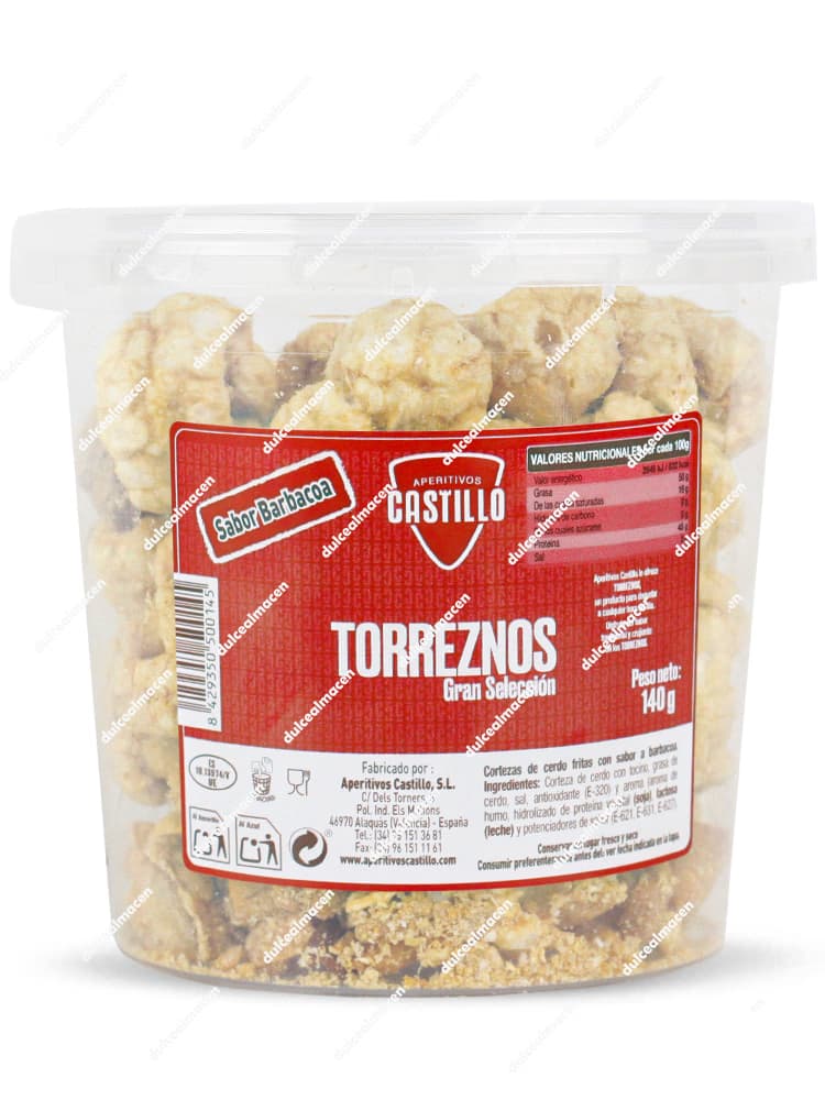 Cubo de 125 gramos de torreznos Gran Selección sabor barbacoa de la marca Aperitivos Castillo, producto sin gluten y sin huevo - Dulcealmacen