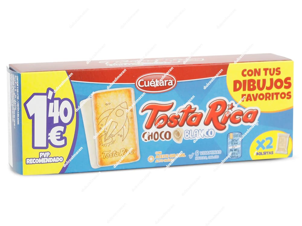 Caja rectangular azul de galletas infantiles Tosta Rica Choco Blanco de 73 gramos, mostrando dos galletas (una por la cara del dibujo y otra por la base de chocolate blanco), una ilustración del personaje Poppy de Trolls 3 y un sello amarillo de PVP recomendado 1,20€ - Dulcealmacen