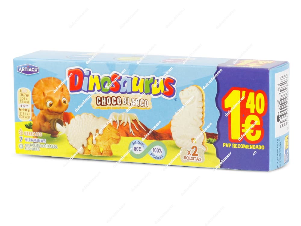 Caja de cartón horizontal de color azul claro de galletas infantiles Artiach Mini Dinosaurus Choco Blanco de 88 gramos, mostrando un dinosaurio animado naranja, galletas con base de chocolate blanco al centro y un gran sello amarillo con el PVP recomendado de 1,40€ - Dulcealmacen