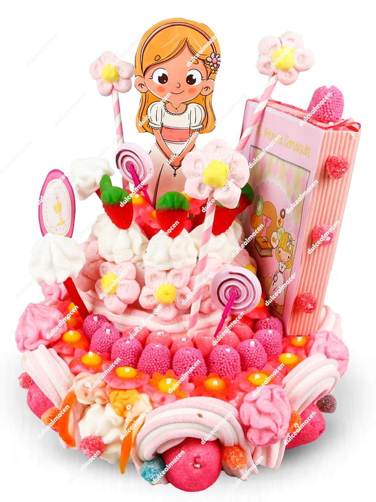 Tarta de chuches artesanal en forma de libro para Primera Comunión en color azul con figura de niño y en color rosa con figura de niña - Dulcealmacen