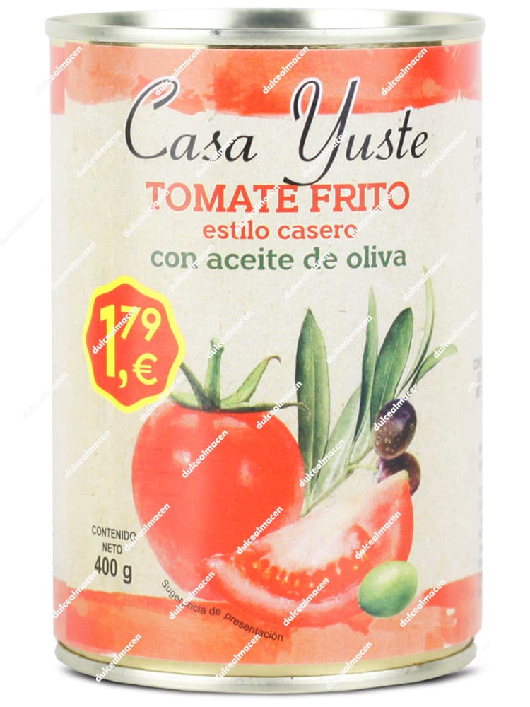 Lata de tomate frito estilo casero con aceite de oliva marca Casa Yuste de 400 gramos con precio de 1,79 euros en Dulcealmacen