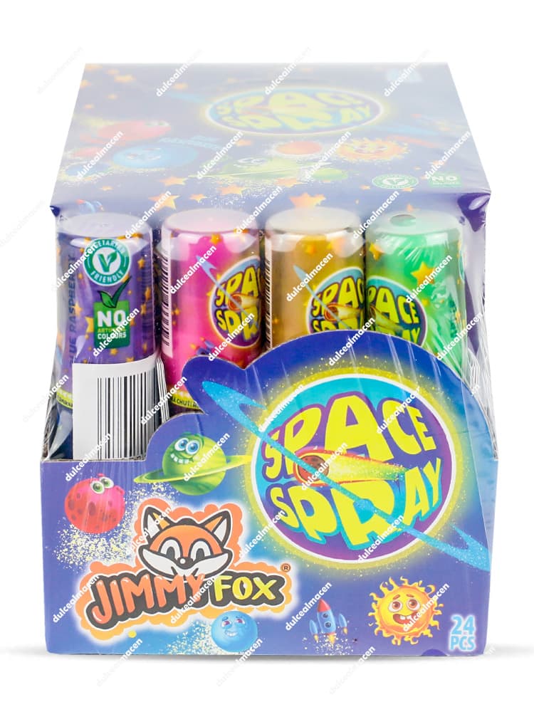 Caja expositora de Jimmy Space Spray 24 uds mostrando los botes de caramelo líquido atomizador en colores azul, rosa, dorado y verde con el logotipo de Jimmy Fox - Dulcealmacen