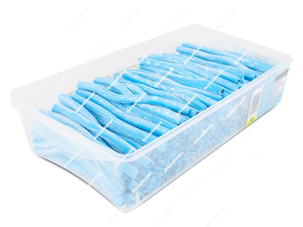 Estuche transparente con 200 unidades de regaliz relleno Fini Palo sabor frambuesa azul con interior blanco - Dulcealmacen