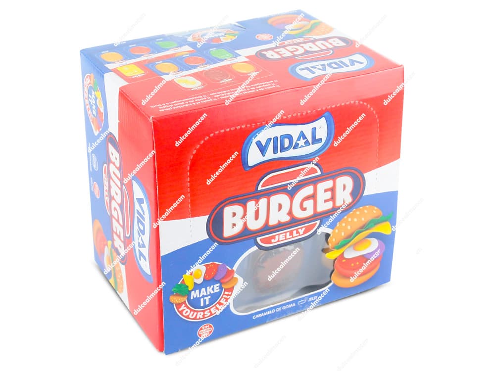 Caja expositora de gominolas individuales Vidal Burger Jelly 66 uds con caramelos de goma en forma de hamburguesas de Dulcealmacen