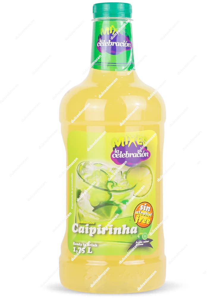 Botella de 1,75 L de Mixes Cóctel Caipirinha Sin Alcohol La Celebración con etiqueta amarilla y verde mostrando un vaso con hielos y limas - Dulcealmacen