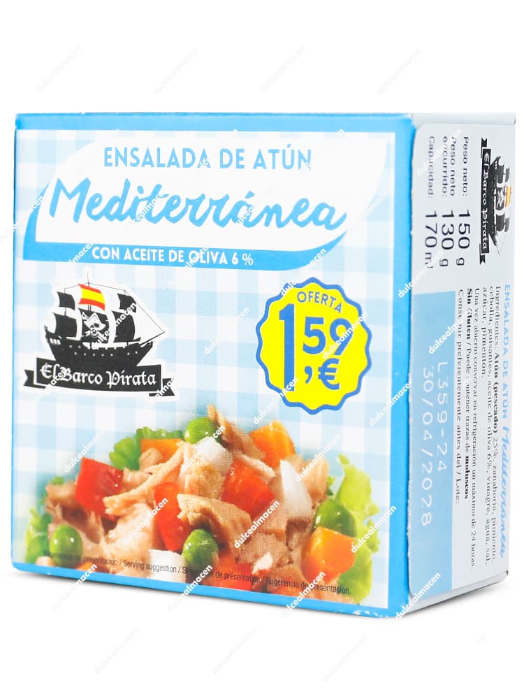 Caja de ensalada de atún mediterránea marca El Barco Pirata con aceite de oliva 150 gramos y precio 1,59 euros Dulcealmacen