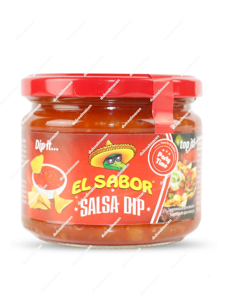 Tarro de cristal de 300g de Salsa Dip El Sabor con tapa roja, ideal para acompañar nachos y snacks mexicanos - Dulcealmacen