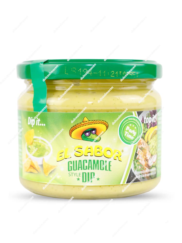 Tarro de cristal de 300g de Guacamole Style Dip El Sabor con tapa verde, ideal para dipear nachos y totopos mexicanos - Dulcealmacen