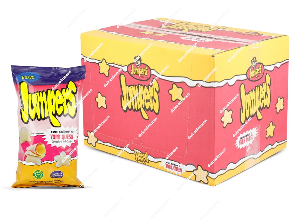 Jumpers, York Queso, Aspil, snack de maíz, aperitivo horneado, caja 24 unidades, snacks crujientes, jumpers jamón queso, Dulcealmacen, Miguelturra, Ciudad Real, snacks clásicos