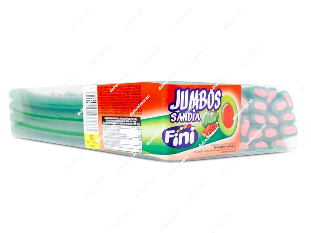 Caja de 30 unidades de Regaliz Fini Jumbo sabor sandía con acabado brillante, piezas largas de color rojo con relleno blanco - Dulcealmacen