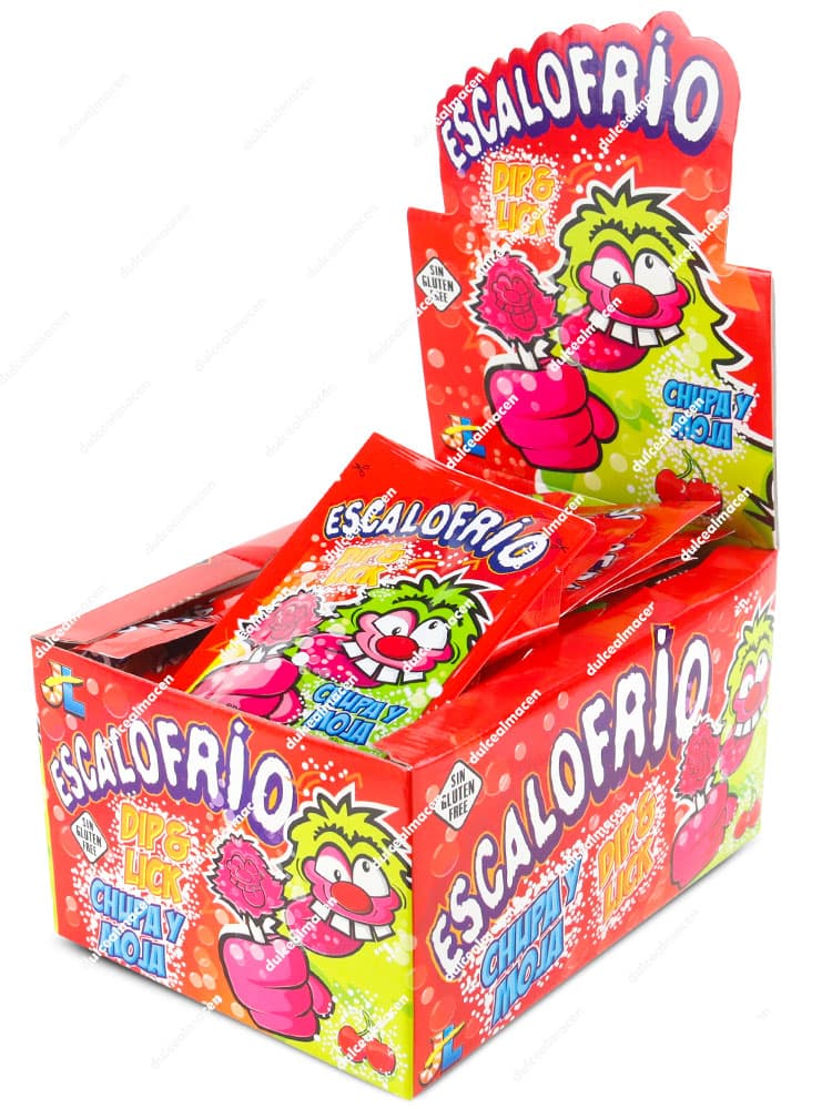 Estuche expositor rojo de 40 sobres de Escalofrio Dip & Lick de Juan López junto a un sobre individual mostrando la piruleta y el sello Sin Gluten - Dulcealmacen