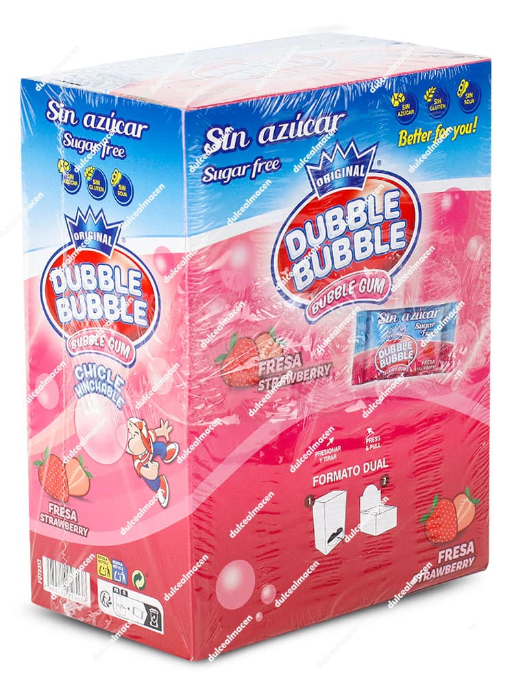 Chicles Dubble Bubble fresa sin azúcar 100 uds disponibles en Dulcealmacen, sabor clásico sin azúcar.