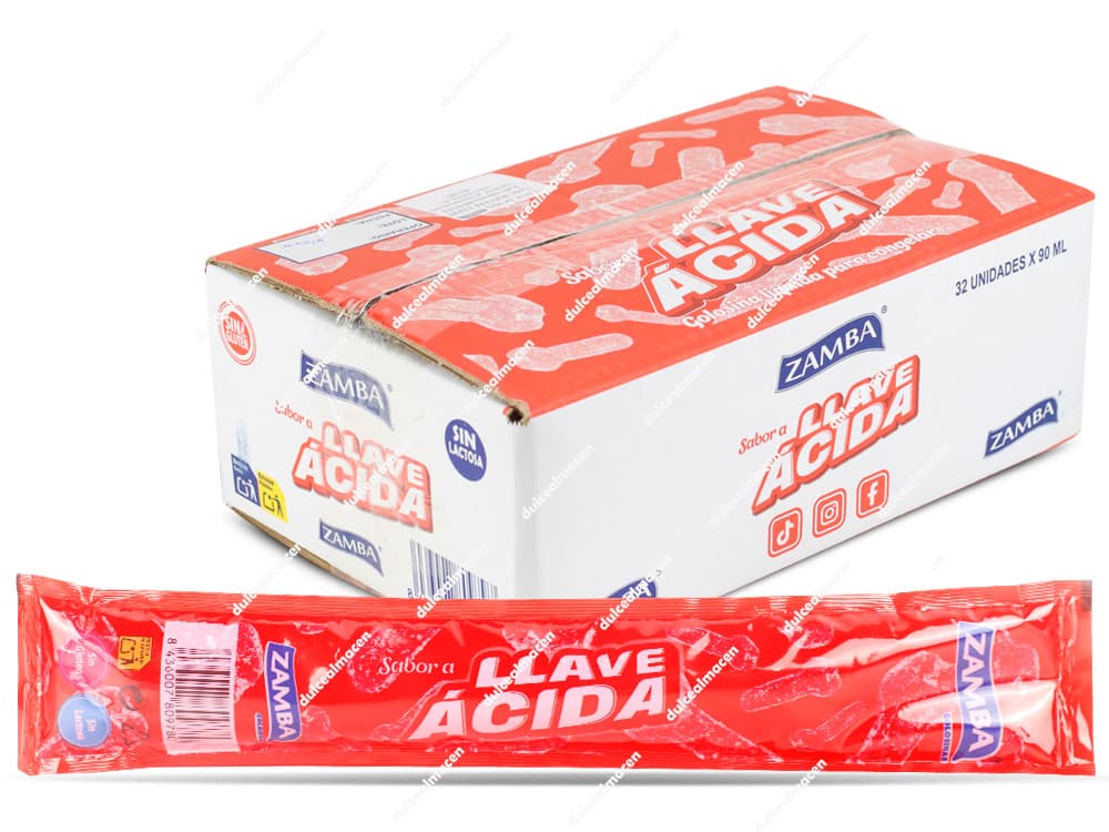Pack de 32 unidades de Zamba Flash Sabor Llave Ácida de Dulcealmacen, polo sin gluten ni lactosa con sabor ácido y refrescante
