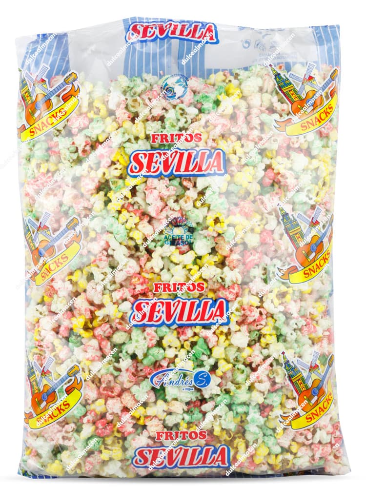 Gran bolsa de 800 gramos de palomitas de maíz dulces de colores rojo, verde y amarillo de la marca Fritos Sevilla - Dulcealmacen