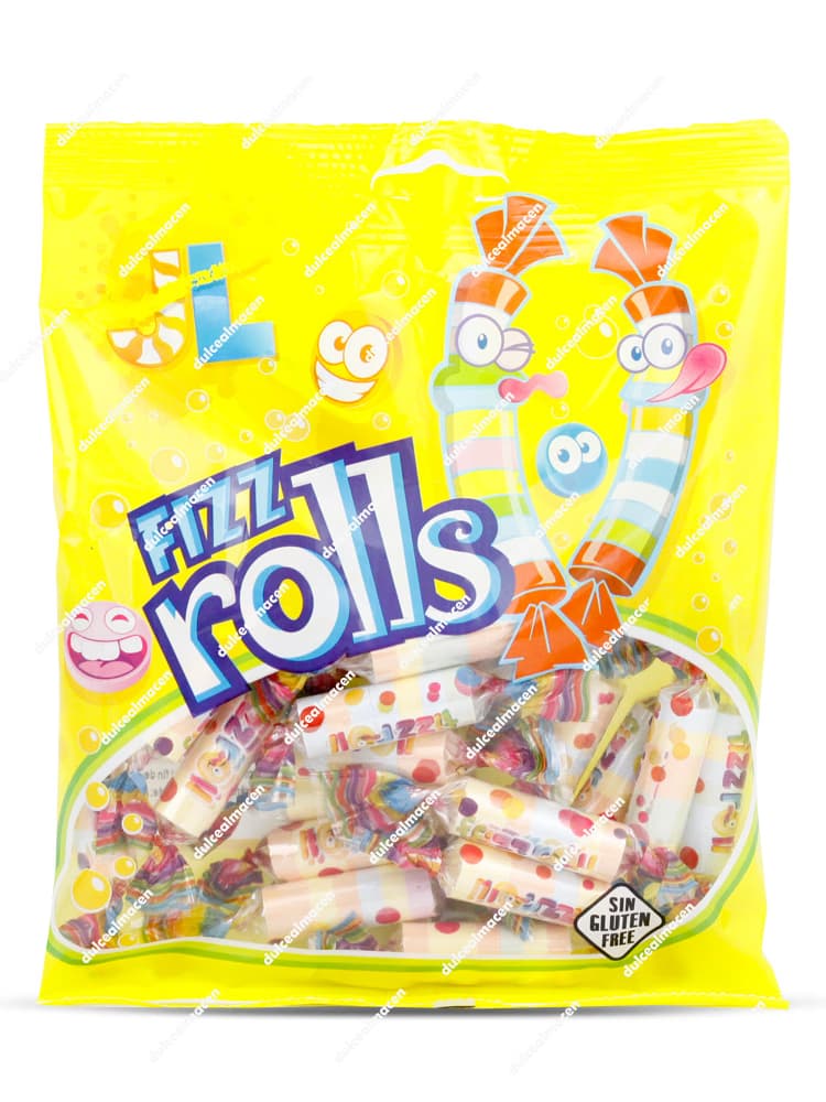 Bolsa de 80 gramos de caramelos comprimidos Mega Fizz Rolls de la marca Juan López, producto sin gluten con unidades envueltas individualmente - Dulcealmacen