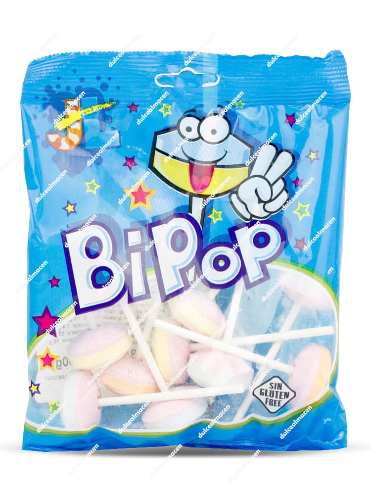 Bolsa de 80 gramos de caramelos con palo bicolores Bi Pop de la marca Juan López, producto sin gluten - Dulcealmacen