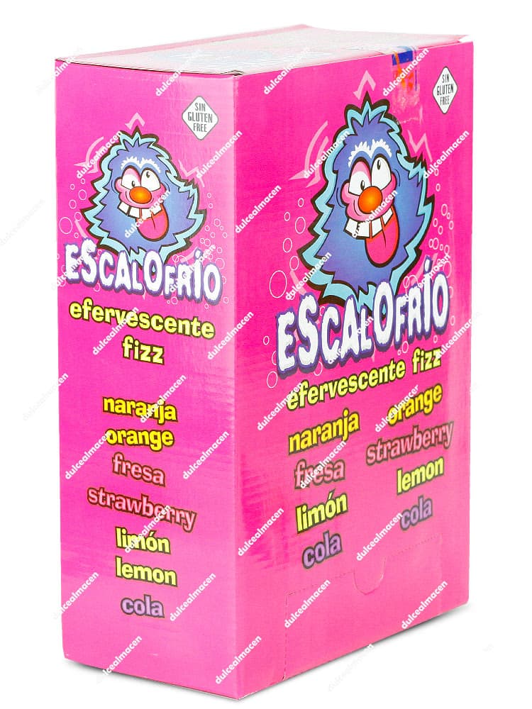 Estuche rosa expositor de 150 caramelos efervescentes Escalofrio de Juan López con lista de sabores y sello Sin Gluten - Dulcealmacen
