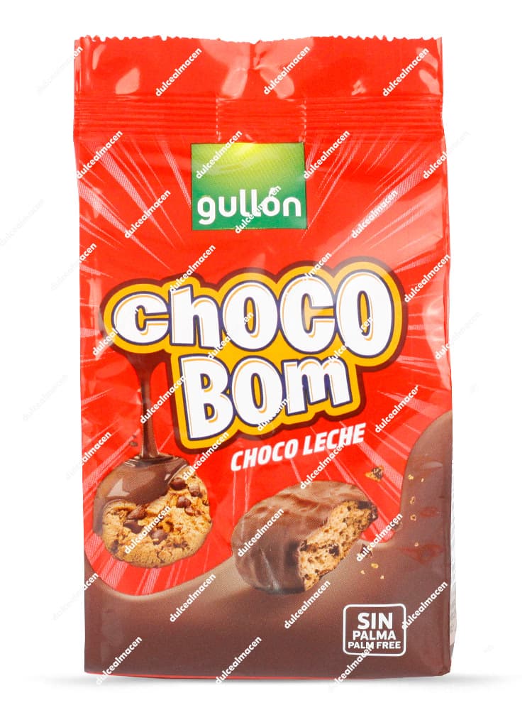 Bolsa roja brillante de galletas Gullon mini choco bom 100 gr mostrando ilustraciones de galletitas bañadas en chocolate con leche al lado de gominolas redondas de chocolate en los archivos 8410376013443_resultado.avif e image_8d9ca3.png - Dulcealmacen