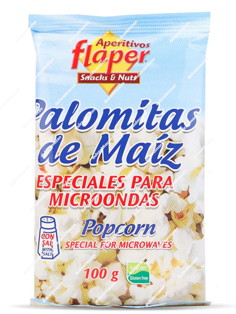 Bolsa individual de palomitas para microondas de la marca Aperitivos Flaper sabor sal de 100 gramos, mostrando un fondo azul cielo con nubes e ilustraciones de crujientes palomitas de maíz blancas junto al sello sin gluten - Dulcealmacen