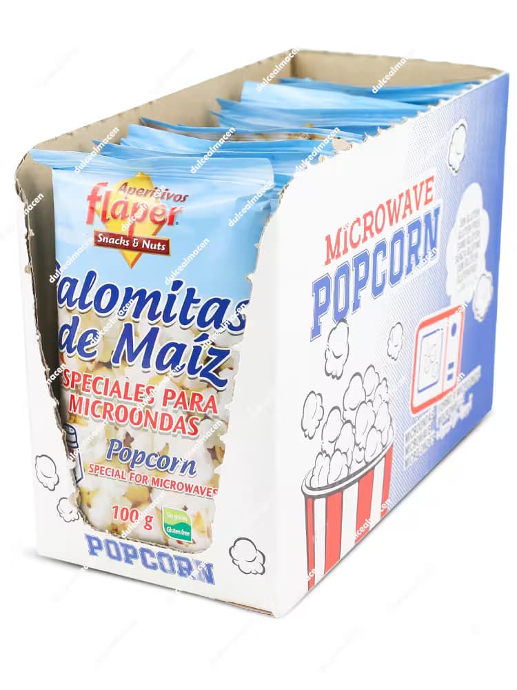 Bolsa individual de palomitas para microondas de la marca Aperitivos Flaper sabor sal de 100 gramos, mostrando un fondo azul cielo con nubes e ilustraciones de crujientes palomitas de maíz blancas junto al sello sin gluten - Dulcealmacen