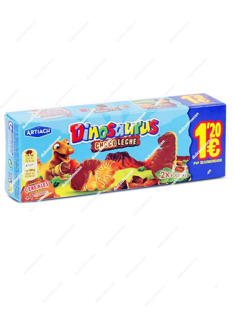 Caja de galletas Cuétara Dinosaurus Choco de 85 gramos, con diseño azul, imágenes de dinosaurios y galletas bañadas en chocolate con leche - Dulcealmacen