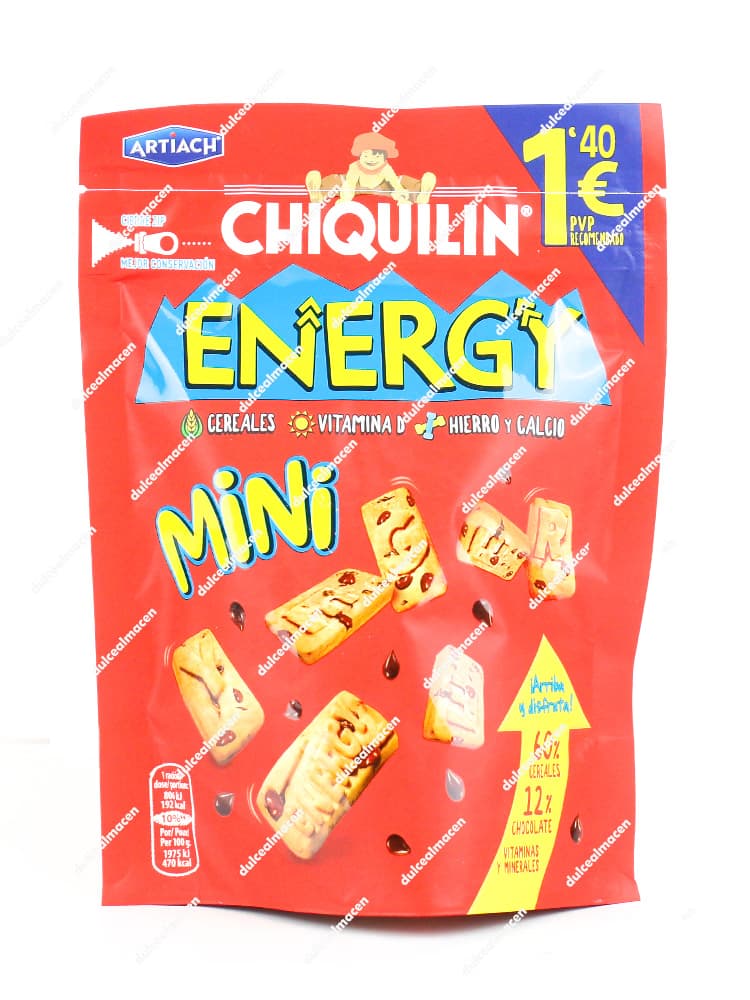 Bolsa roja de galletas Artiach Chiquilín Energy Mini de 125 gramos con cierre ZIP, mostrando mini galletas con pepitas de chocolate y el logo Energy - Dulcealmacen