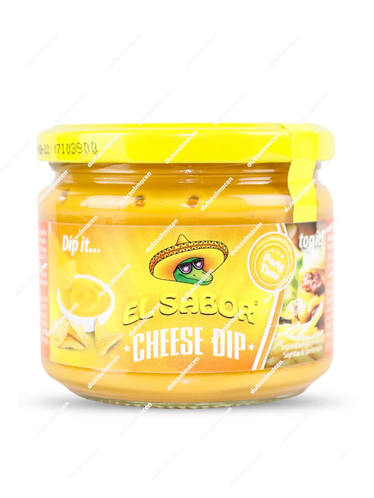 Tarro de cristal de El Sabor Queso Dip Tarro 300gr con etiqueta amarilla y logo de cocodrilo con sombrero mexicano - Dulcealmacen