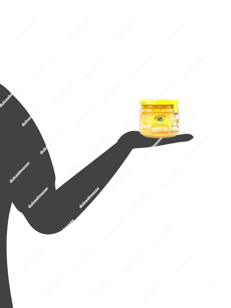 Tarro de cristal de El Sabor Queso Dip Tarro 300gr con etiqueta amarilla y logo de cocodrilo con sombrero mexicano - Dulcealmacen