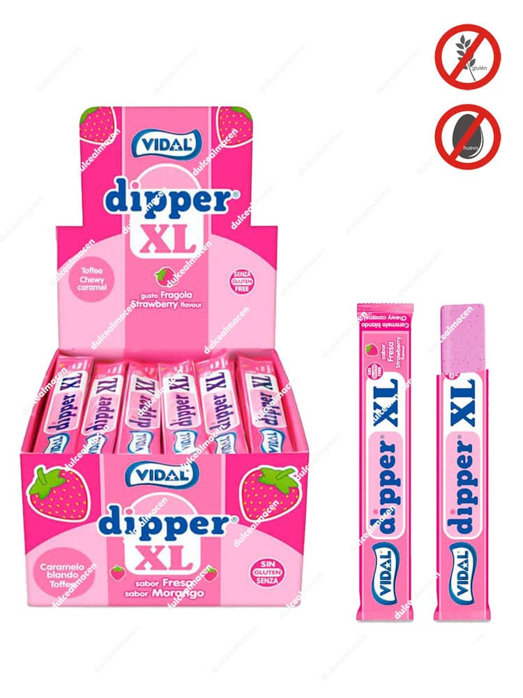 Caja de caramelos masticables Vidal Dipper XL Fresa de 100 unidades con tiras de caramelo blando en envoltorio individual sin gluten de Dulcealmacen
