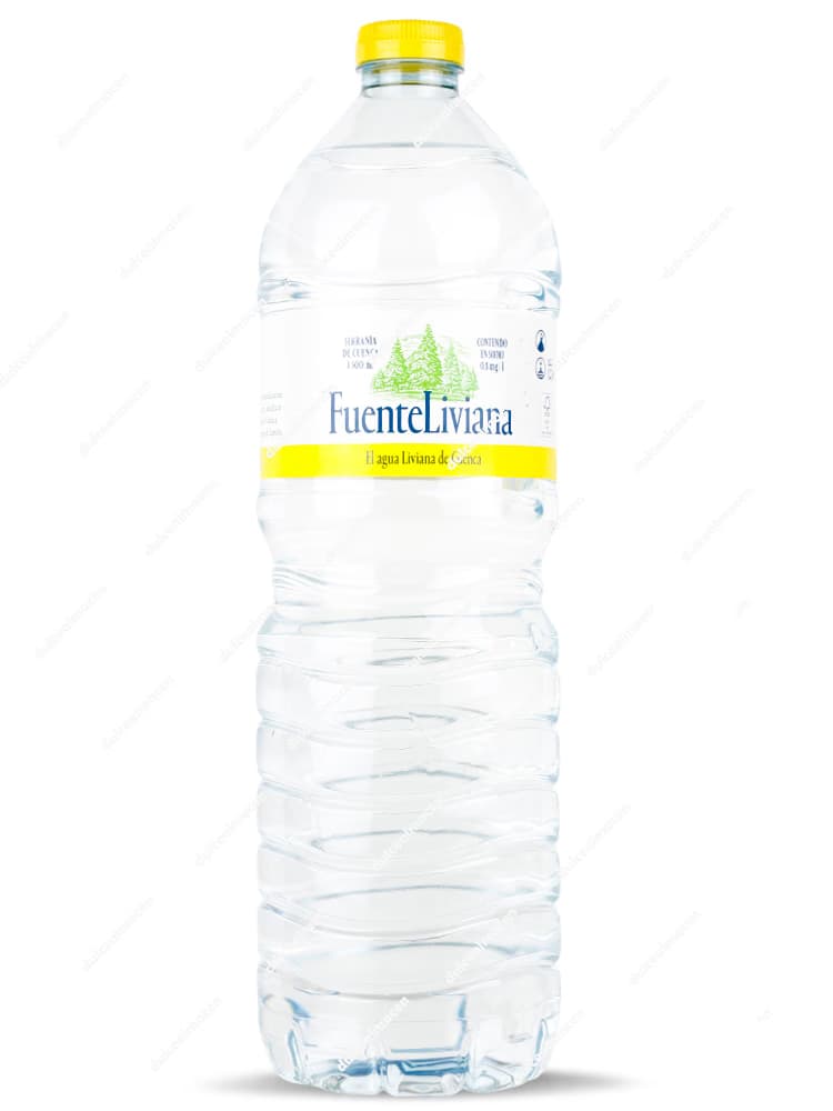 Botella de 1,5 litros de agua mineral natural Fuente Liviana con tapón naranja y etiqueta azul característica en Dulcealmacen