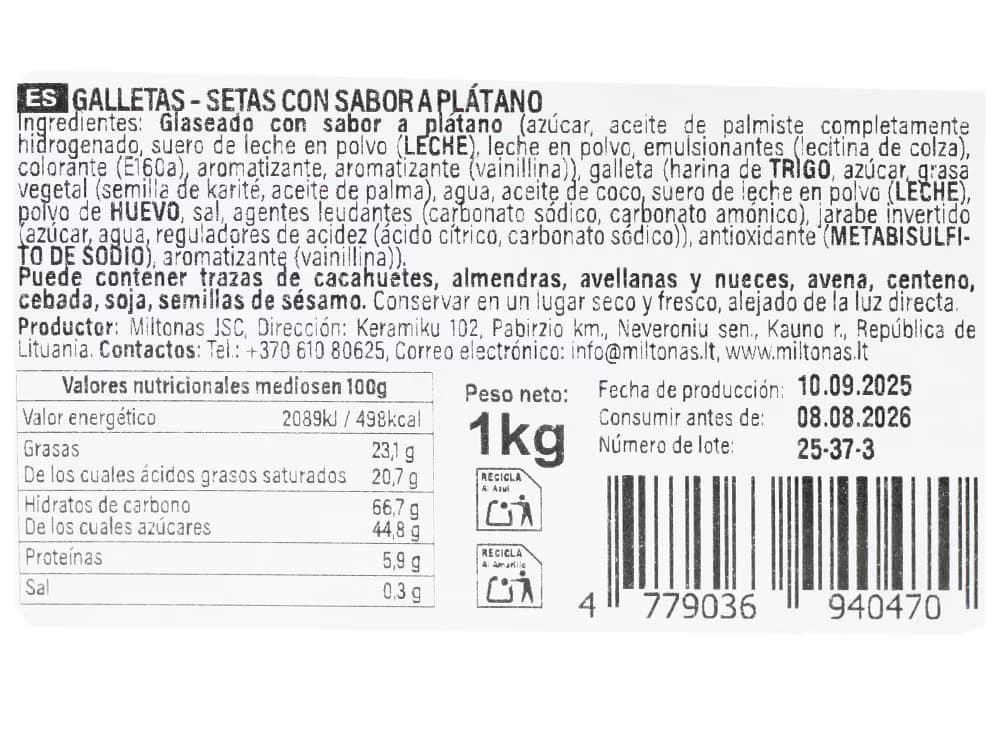 Caja de 1 Kg de Galletas Setas de Plátano con Chocolate, a granel, disponibles en Dulcealmacen