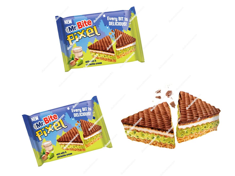 Mr. Bite Pixel Pistacho 24 Uds galletas individuales de crema de pistacho de Dulcealmacen