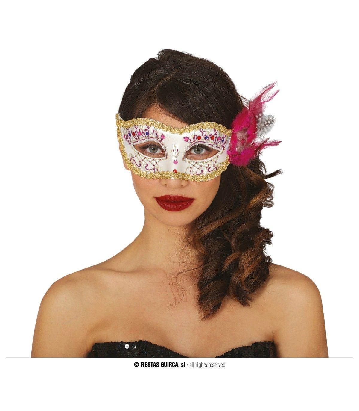 Guirca Antifaz Blanco Con Pluma Rosa
