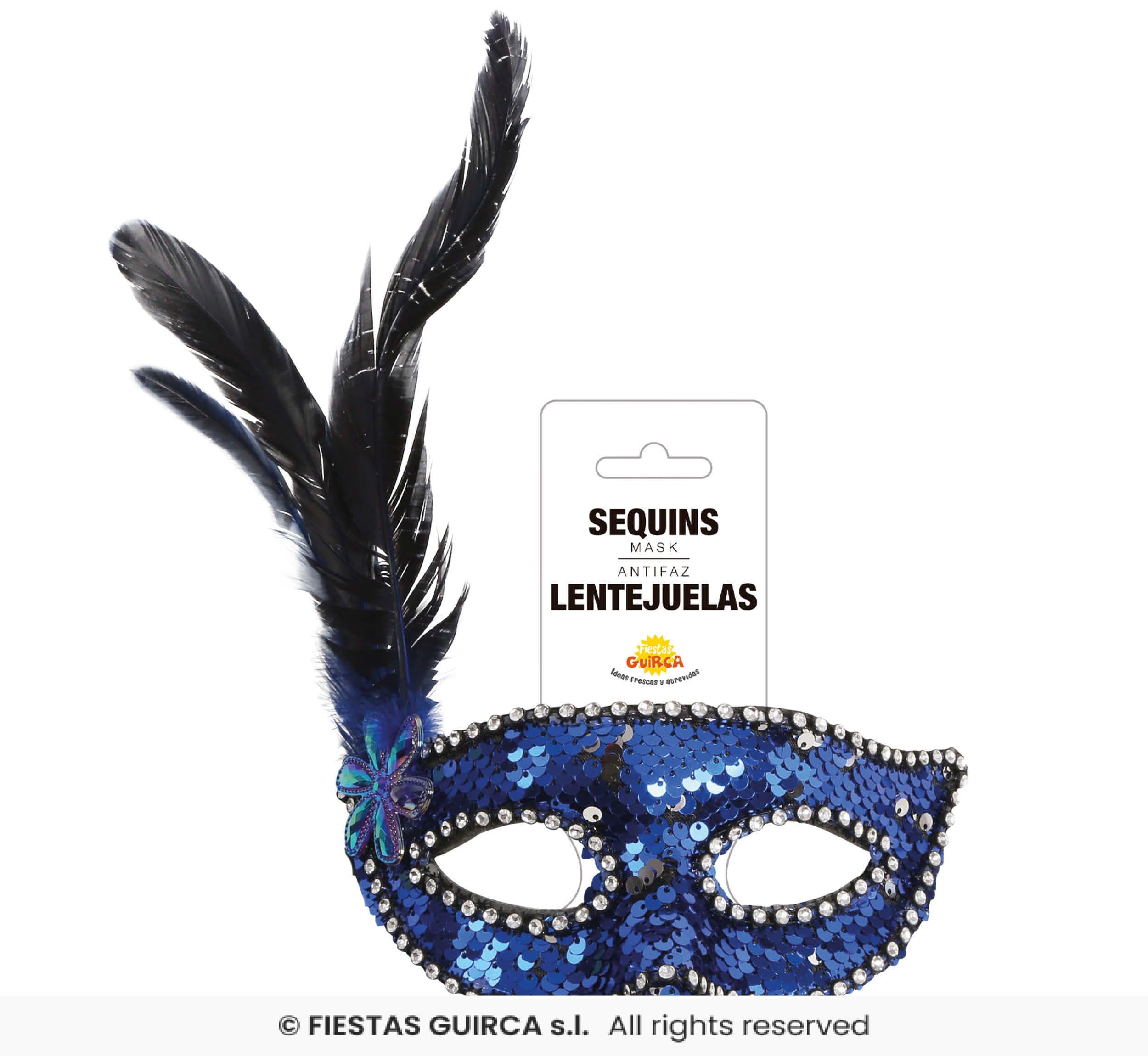 Guirca Antifaz Lentejuelas Azul con Pluma