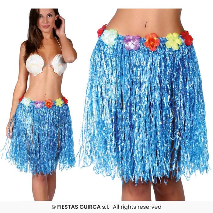 Falda Hawaiana Flores 55 Cms Azul Guirca en Dulcealmacen