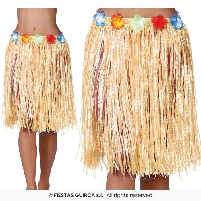 Falda Hawaiana Flores 55 Cms Paja Guirca en Dulcealmacen