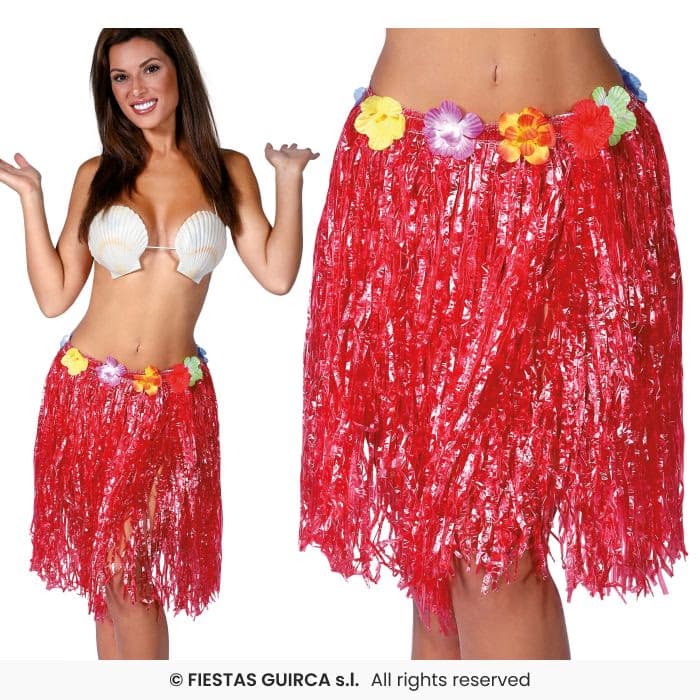 Falda Hawaiana Flores 55 Cms Rojo Guirca en Dulcealmacen