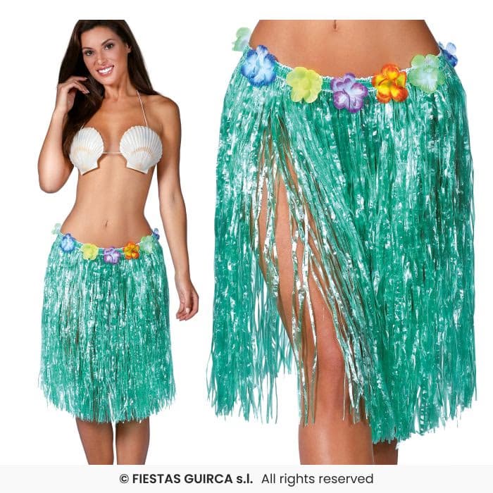 Falda Hawaiana Flores 55 Cms Verde Guirca en Dulcealmacen