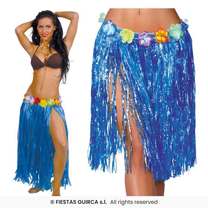 Falda Hawaiana Flores 75 Cms Azul Guirca en Dulcealmacen