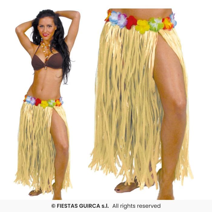Falda Hawaiana Flores 75 Cms Color Paja Guirca en Dulcealmacen