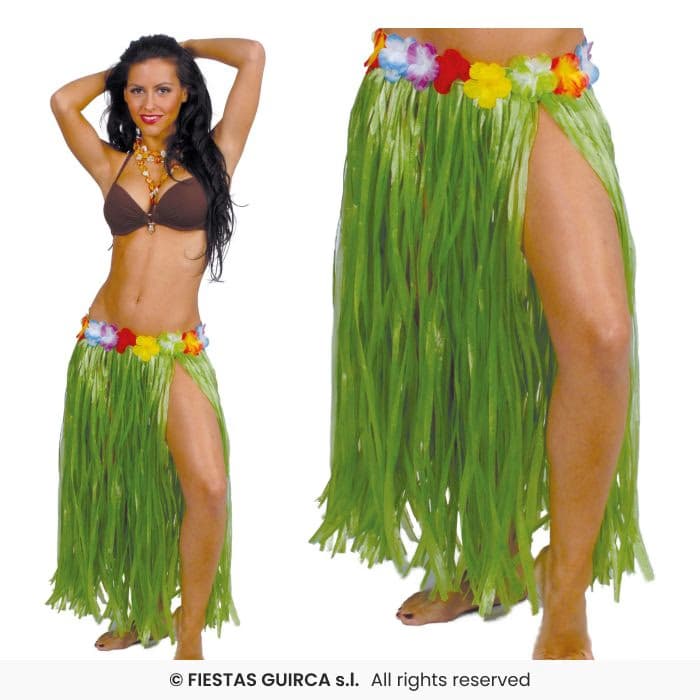 Falda Hawaiana Flores 75 Cms Verde Guirca en Dulcealmacen