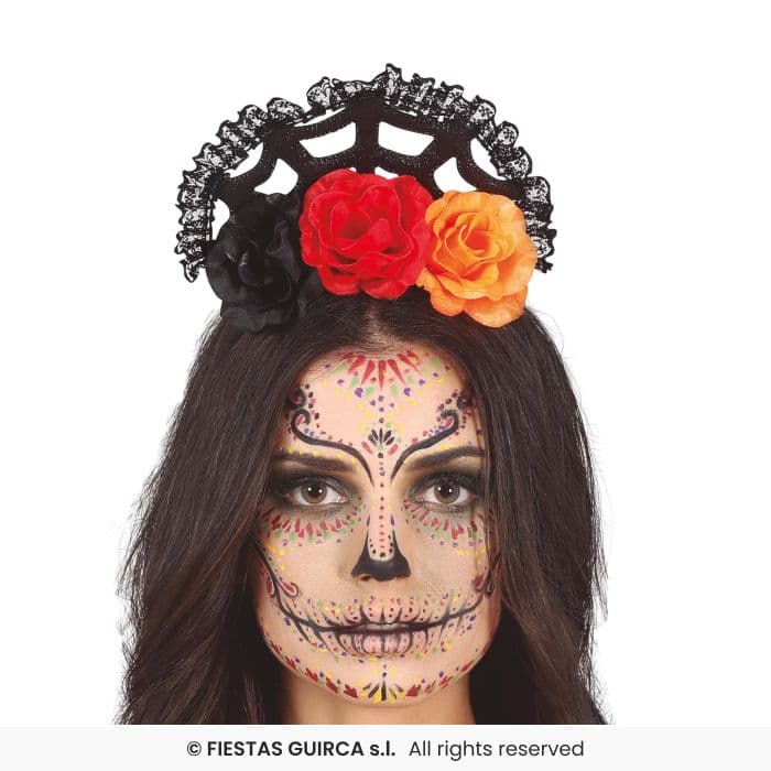 Diadema Flores Naranja Rojas Guirca en Dulcealmacen